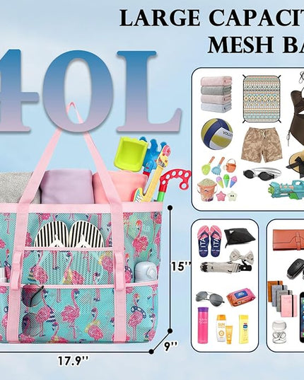 Mesh Beach Bag, Large Beach Tote with Zipper Pocket, Toys Pool Bag for Family Travel Vacation Cruise Essentials