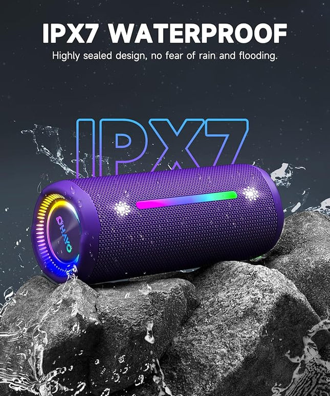 OHAYO Bluetooth Speaker, Portable Wireless, IPX7 Waterproof, Powerful 25W Sound, 24H Playtime, Dual Pairing, Active Bass, Colorful Lights, Bluetooth 5.3, Outdoor Speakers for Home/Party/Beach, Purple