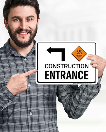Slow Down Construction Entrance Ahead With Left Arrow Sign, 10x7 Inches, Rust Free .040 Aluminum, Fade Resistant, Made in USA by My Sign Center