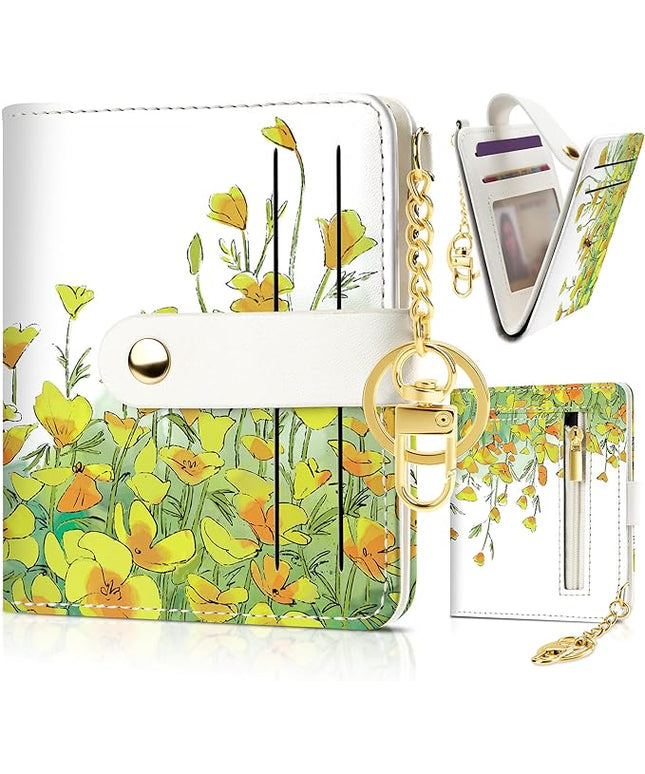 Sodsay Small Slim Wallet Women RFID Blocking, PU Leather Bifold Ladies Wallet with Zipper Coin Pocket, Thin Cute Travel Card Wallets for Girls, Golden Sunrise