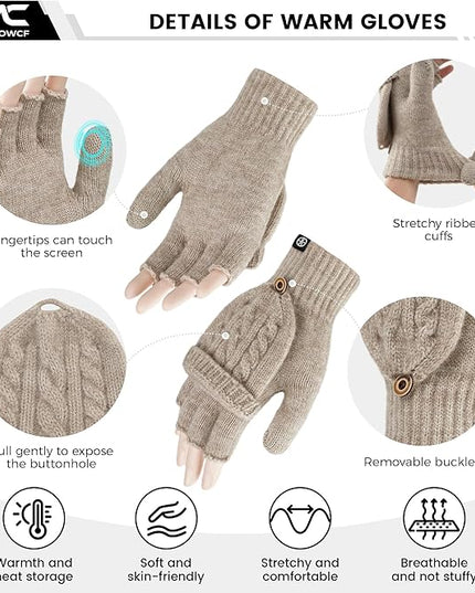 Winter Fingerless Gloves for Women Men Warm Knitted Convertible Mittens Flap Cover