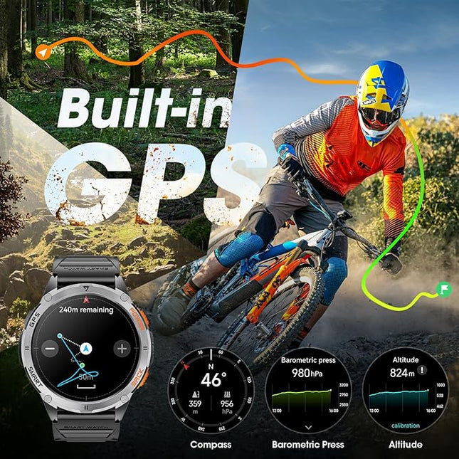 Military Smart Watches for Men with GPS, 1.43" AMOLED Bluetooth Call Smartwatch with LED Flashlight, Smart Watch for Android iOS, IP68 Waterproof Fitness Tracker with Heart Rate (Black)