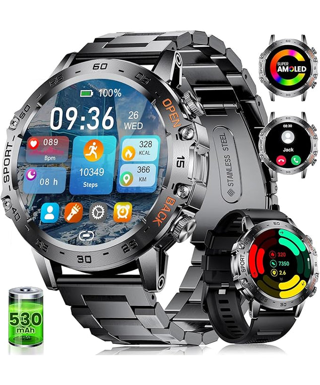 SUNKTA Smart Watch for Men(Answer/Dial Calls),1.45'' AMOLED/100 Sports Modes, 5ATM Waterproof Fitness Watch with Heart Rate/SpO2/Sleep Tracker for Android and iOS,530MAH Smartwatch Black