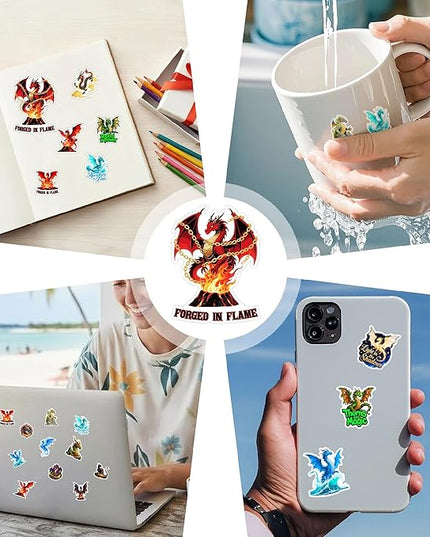 100 PCS Magic Dragon Stickers Pack, Fantasy Vinyl Decals Fire Ice Water Earth Light Dark Dragons, Aesthetic Mythical Dragons Art for Adults, Scrapbooking, Laptops, Water Bottles