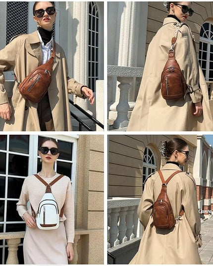 Sling Bag Crossbody Backpack - 2 in 1 Leather Cross Body Bag Fanny Pack with 2 Removable Straps