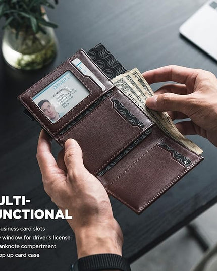 VULKIT Pop up Card Wallet Minimalist Cash Wallets RFID Blocking Leather Smart Credit Card Holder with ID window for Men