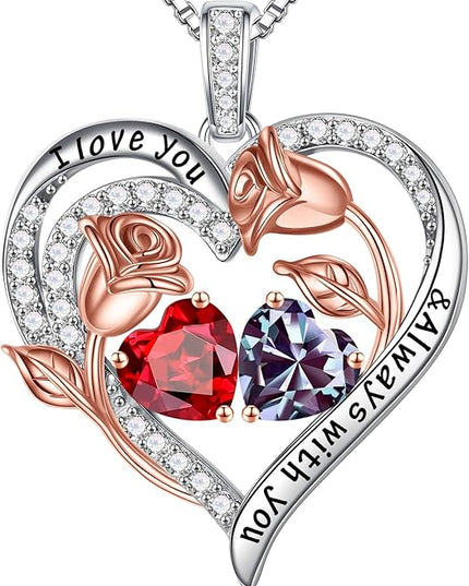 Iefil Christmas Gifts for Women Wife - 925 Sterling Silver Rose Heart Birthstone Necklace Birthday Anniversary Jewelry Gifts for Her Wife Mom Daughter