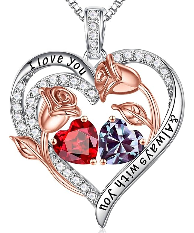 Iefil Christmas Gifts for Women Wife - 925 Sterling Silver Rose Heart Birthstone Necklace Birthday Anniversary Jewelry Gifts for Her Wife Mom Daughter