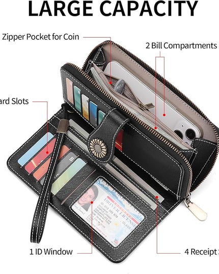 SENDEFN Wallet for Women RFID Blocking Leather Clutch Long Purse Large Capacity Credit Card Holder Wristlet