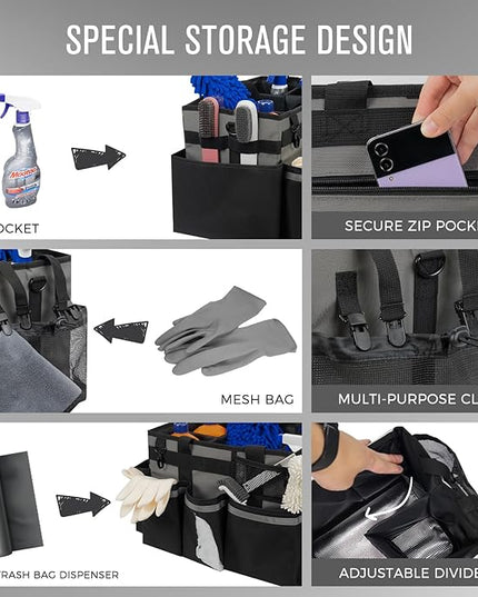 Wearable Cleaning Caddy, Cleaning Caddy Supplies Organizer with Handle & Shoulder Straps for Housekeepers, Under Sink & Car Cleaning Tool Organizers Bag with 4 Foldable Divider (MediumGrey)