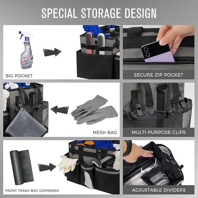Wearable Cleaning Caddy, Cleaning Caddy Supplies Organizer with Handle & Shoulder Straps for Housekeepers, Under Sink & Car Cleaning Tool Organizers Bag with 4 Foldable Divider (MediumGrey)