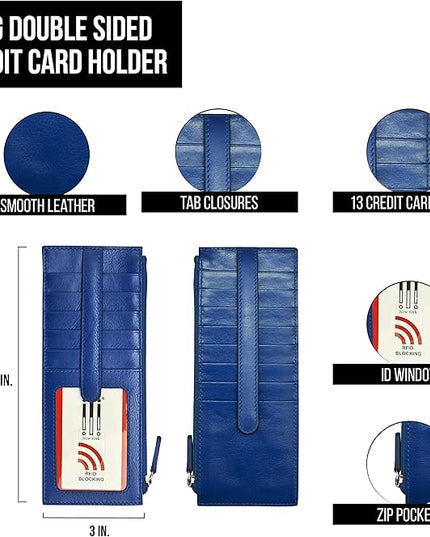 ili New York Long Double Sided Slim Wallet, RFID Blocking Card Holder with ID Window and Side Zip Pocket for Men and Women, Cobalt