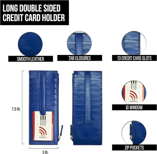 ili New York Long Double Sided Slim Wallet, RFID Blocking Card Holder with ID Window and Side Zip Pocket for Men and Women, Cobalt