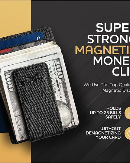 Money Clip Leather Wallet For Men Slim Front Pocket RFID Blocking with Super Strong Magnetic