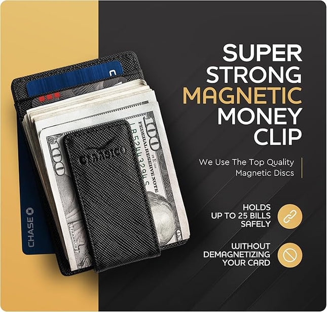 Money Clip Leather Wallet For Men Slim Front Pocket RFID Blocking with Super Strong Magnetic