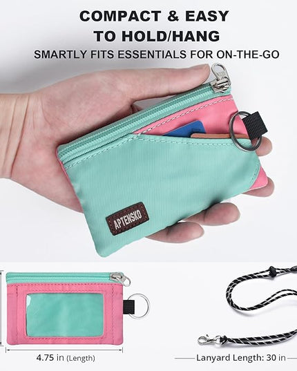 RFID Travel Wallet with Adjustable Lanyard-Zipper Small Wallet with ID Card Holder, Keychain for women&men-Minimalist Slim Waterproof Nylon case for ID, Cash, Key (Mint Aqua+Pink)