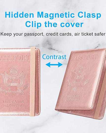 ACdream Passport Holder Cover, Leather Travel Wallet Case, RFID Blocking Document Organizer Protecrtor, with Slots for Credit Cards, Boarding Pass, for Women and Men, Rose Gold