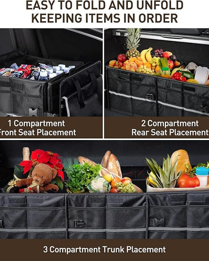 HIRALIY 4 in 1 Car Trunk Storage Organizer with Leakproof Cooler Bag, Multi-Compartment Foldable Trunk Storage Box for Car Truck SUV Black