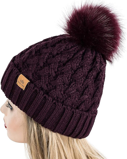 PAGE ONE Womens Winter Ribbed Beanie Crossed Cap Chunky Cable Knit Pompom Soft Warm Hat