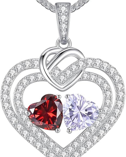 LOUISA SECRET Sparkling Double Heart Birthstone Necklaces for Women, 925 Sterling Silver Fine Jewelry, Pendant Heart Necklaces Birthday Anniversary Christmas Gift for Women Wife Mom Girlfriend Lady
