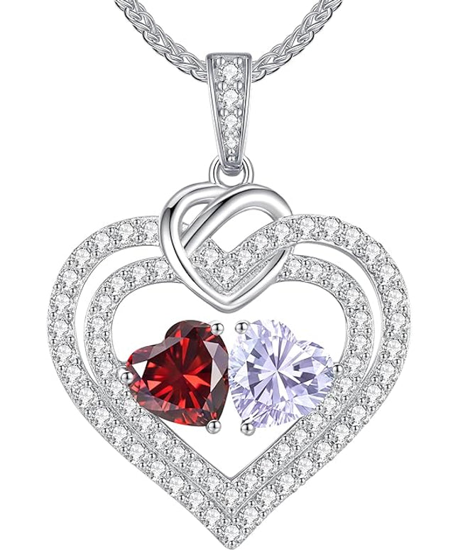 LOUISA SECRET Sparkling Double Heart Birthstone Necklaces for Women, 925 Sterling Silver Fine Jewelry, Pendant Heart Necklaces Birthday Anniversary Christmas Gift for Women Wife Mom Girlfriend Lady