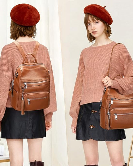 ALTOSY Genuine Leather Backpack Purse for Women Large Shoulder Bag With Laptop Compartment Multiple Pockets(S106 Brown)