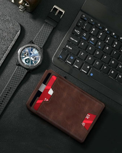 typecase Mens Wallet Card Holder: Pop Up Card Case, Genuine Leather, Smart, RFID Blocking, Slim, Minimalist, Thin, Front Pocket - 9-13 Card Capacitiy | ID Window | Money Clip (Brown)