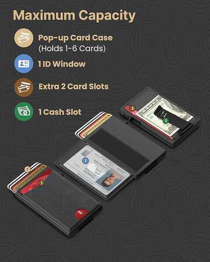 typecase Flip Pop Up Wallet for Men Card Holder: Smart Privacy & lD Display Mode, RFID Blocking, Slim Genuine Leather, Minimalist Front Pocket - 8 Cards Capacity | ID Window | Money Clip (Black)