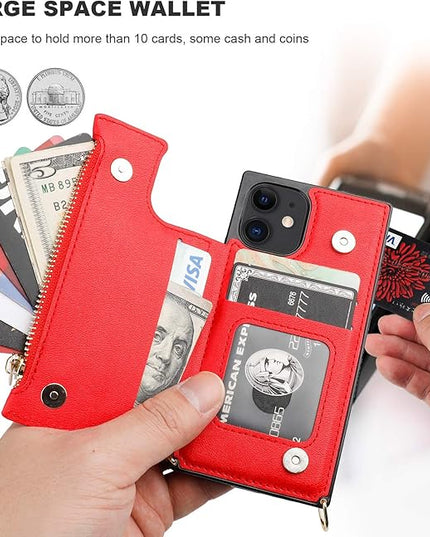 Bocasal Crossbody Wallet Case for iPhone 12/12 Pro with Card Holder,Zipper Card Slot Protector Shockproof Purse Cover with Removable Cross Body Strap 6.1 Inch(Red)