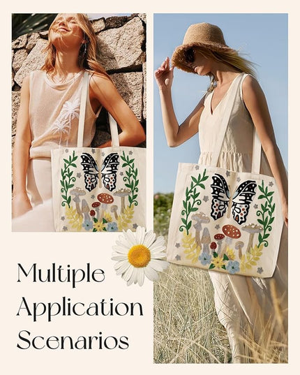 Aesthetic Embroidery Tote Bag for Women - Reusable Canvas Cute Shoulder Bag for Shopping, Grocery, Work, Book