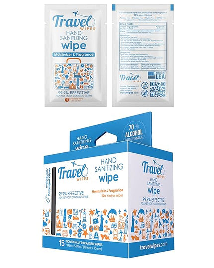 Hand Sanitizing Travel Wipes – 15ct Individually Wrapped | Fresh Citrus Scent, Moisturizing, 70% Alcohol Wipes | Travel, Home, Office, Daily Use | Made in USA