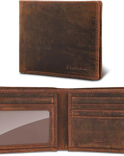 BOTANNER Genuine Leather Bifold Mens Wallet RFID Blocking 5 Credit Card Slots 1 ID Window 2 Sections for Bills 2 Additional Slots | Brown
