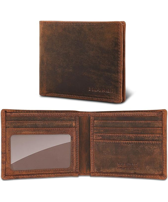 BOTANNER Genuine Leather Bifold Mens Wallet RFID Blocking 5 Credit Card Slots 1 ID Window 2 Sections for Bills 2 Additional Slots | Brown