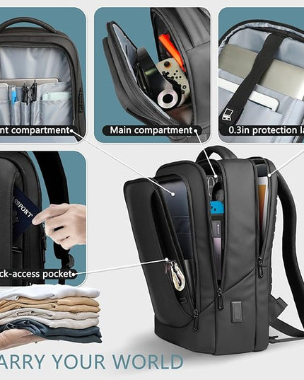 hk Laptop Backpack for Men with USB Charging Port Water-Resistant for 15.6 Inch Computer Bag Durable High-Tech Daypack Casual Backpack for Business Work College Weekender Travel-Black