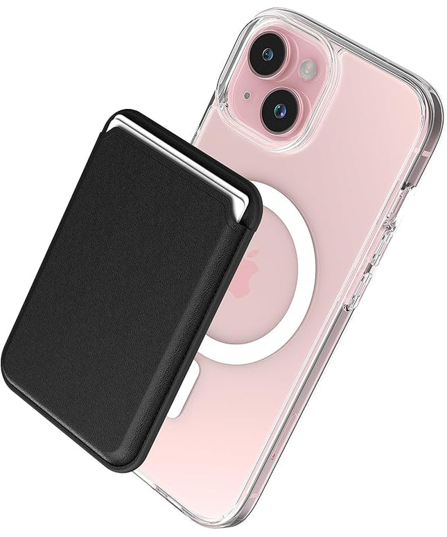 Sinjimoru Magnetic Card Wallet, Premium Vegan Leather Phone Wallet for MagSafe 3-Card Holder Compatible with iPhone 17 Pro Max Air 16 15 14 13 Series. M-Viica Basic Black
