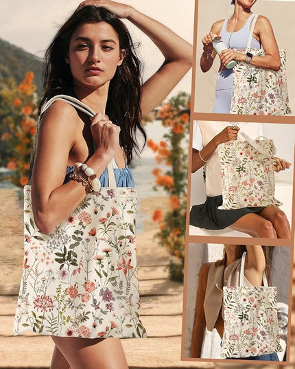 Aesthetic Canvas Tote Bag for Women - Sturdy Cloth Cotton Totes Bag with Pattern Shoulder Bag