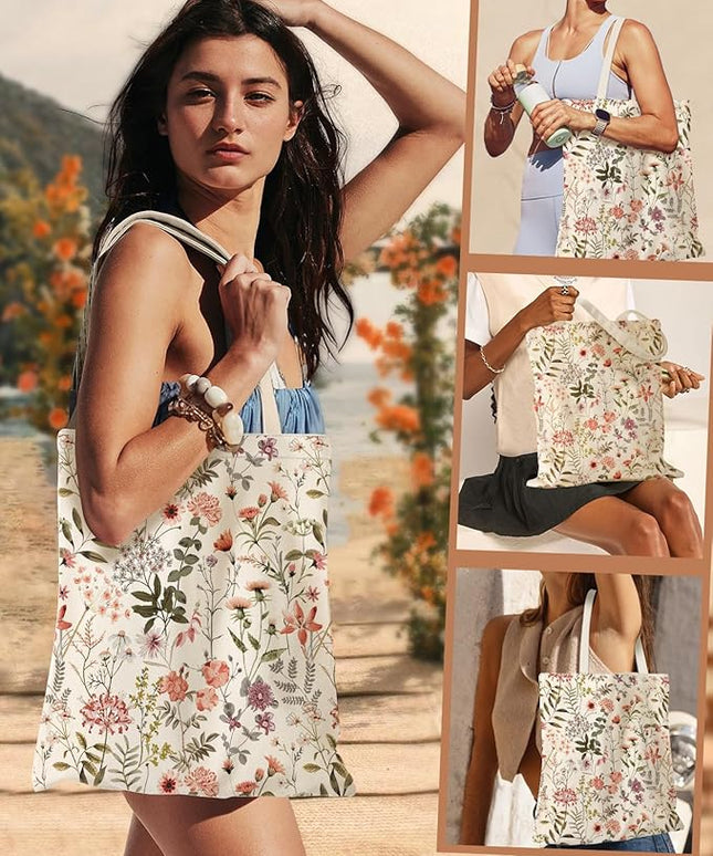 Aesthetic Canvas Tote Bag for Women - Sturdy Cloth Cotton Totes Bag with Pattern Shoulder Bag