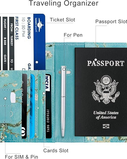 WALNEW Passport Holder for Travel, RFID Passport Cover Wallet for Women Men, PU Leather Passport Book Card Holder Case with Pen, Travelling Essentials for Flying