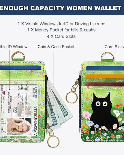 Slim Wallet Credit Card Holder, Cat on the Green Grass, RFID Wallet Women Cute Small Front Pocket Wallet With Zipper, PU Leather Thin travel RFID Blocking Card Case ID Window,Ladies Gifts