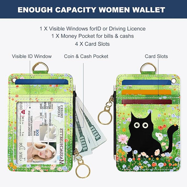 Slim Wallet Credit Card Holder, Cat on the Green Grass, RFID Wallet Women Cute Small Front Pocket Wallet With Zipper, PU Leather Thin travel RFID Blocking Card Case ID Window,Ladies Gifts