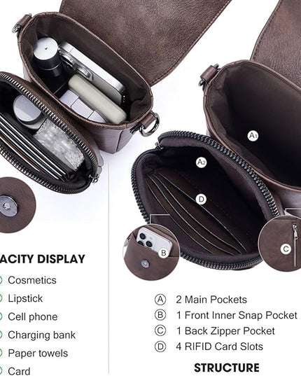POIUGOYA Small Crossbody Bags for Women Trendy,Leather Triple Compartment Cell Phone Crossbody Wallet Purses with Card Slots