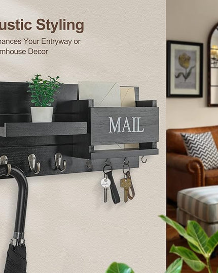 Lwenki Mail Organizer for Wall Mount – Key Holder with Shelf Includes Letter Holder and Hooks for Hallway Farmhouse Decor – Rustic Wood with Flush Mounting Hardware (16.5” x 9.1” x 3.4”) (Black)