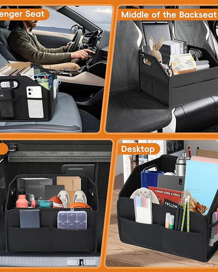 Car Storage Organizer Reinforced Dividable Leather Car Caddy Basket for Front Seat Floor Back Sturdy Frosted Handle 8 Compartments Adjustable Strap Buckles Slip-Resistant for SUV Truck