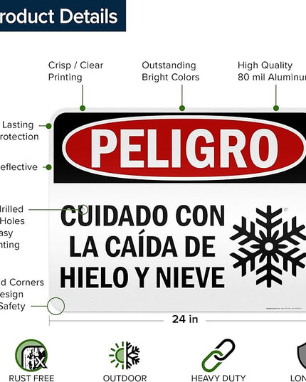 Danger Watch for Falling Ice and Snow Bilingual Sign, 18x24 Inches, 3M EGP Reflective .080 Aluminum, Fade Resistant, Made in USA by My Sign Center