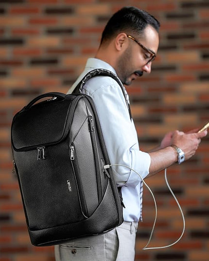 Durable Leather Laptop Business Backpack Perfect for Men & Women, Work Backpack Fits 15.6 Inch, Premium Quality Travel Bag with USB Charging Port, Water-Resistant, Bookbag with Multiple Pockets