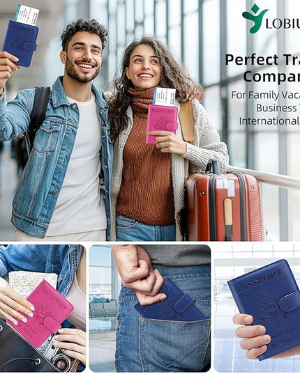 2 Pack Passport Holder For Travel with Slot for AirTag & Luggage Tag Cover – RFID Blocking Passport Holder for Travel Women/Men | PU Leather Passport Case with Pocket, Blue/Pink