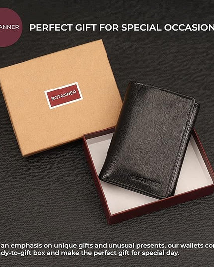 BOTANNER Genuine Leather Mens Trifold Wallet RFID Blocking 6 Credit Card Slots 1 ID Window Section for Bills 2 Hidden Pockets | Ink Black