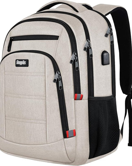 Travel Laptop Backpack for Women, School Backpack with USB Charging Port,Water Resistant Backpack for Girls, Business Work College bookbag,book bag Fits 15.6 Inch,Beige Back Pack