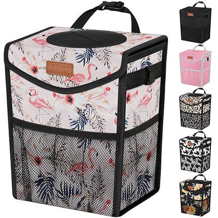 Car Trash Can with Lid, Cute Leakproof Car Trash Garbage Bag Hanging Vehicle Trash Bin Small Portable Automotive Garbage Cans Organizer for Back/Front Seat/Console(2.8 gal,Flamingo Print