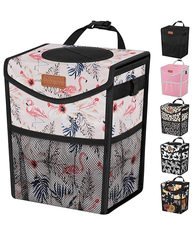 Car Trash Can with Lid, Cute Leakproof Car Trash Garbage Bag Hanging Vehicle Trash Bin Small Portable Automotive Garbage Cans Organizer for Back/Front Seat(Trapezoid,Flamingo Print